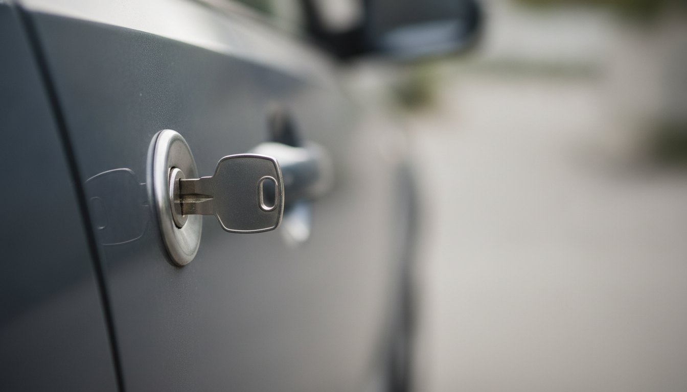 Chave inserida pela metade em uma fechadura de metal na porta de um carro.