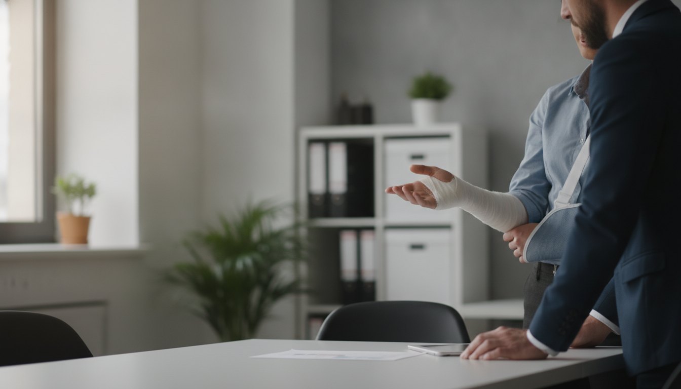 Trabalhador com o braço imobilizado conversando com um profissional de recursos humanos em um escritório.