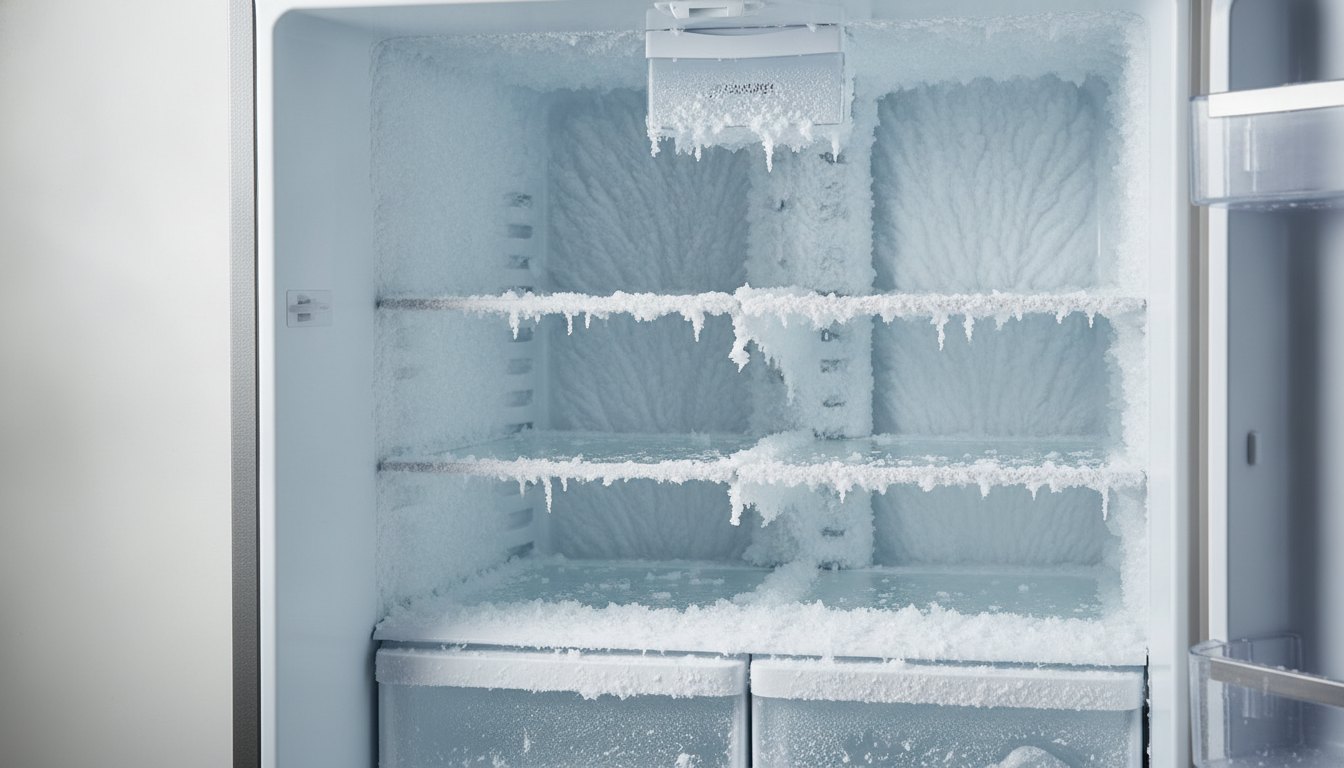 Interior de geladeira com acúmulo de gelo espesso na parede do fundo e prateleiras.