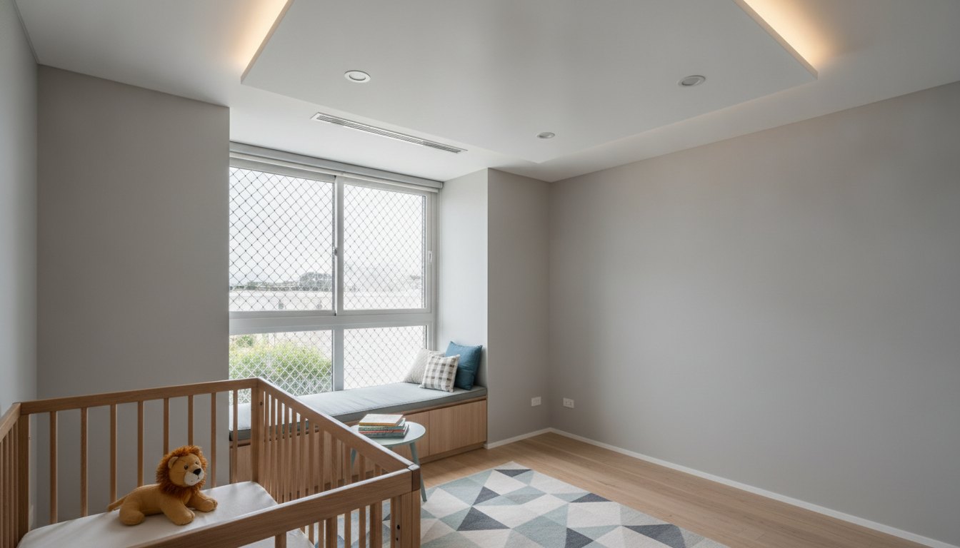 Quarto infantil com teto rebaixado e iluminação embutida próximo a uma janela com tela de segurança.