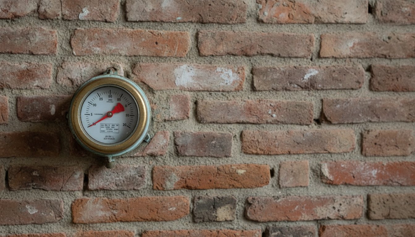 Hidrômetro analógico com ponteiros vermelhos instalado em um muro de tijolos aparentes.