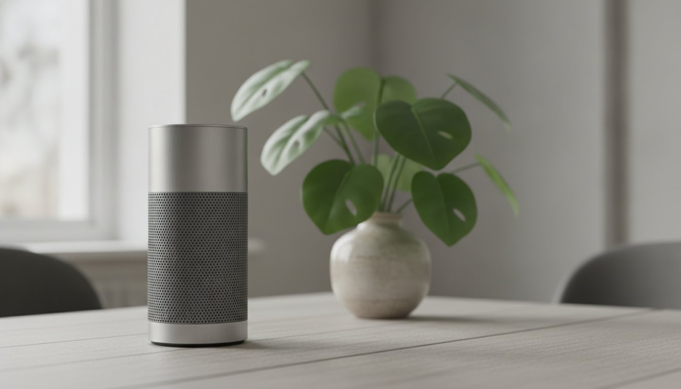 Dispositivo de som cilíndrico sobre uma mesa de madeira ao lado de um vaso de plantas.