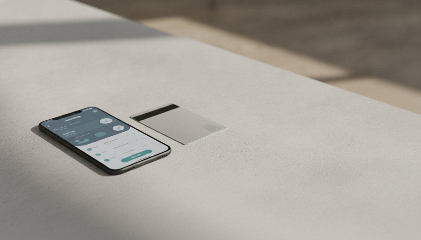 Celular com aplicativo bancário aberto na tela ao lado de um cartão de crédito.