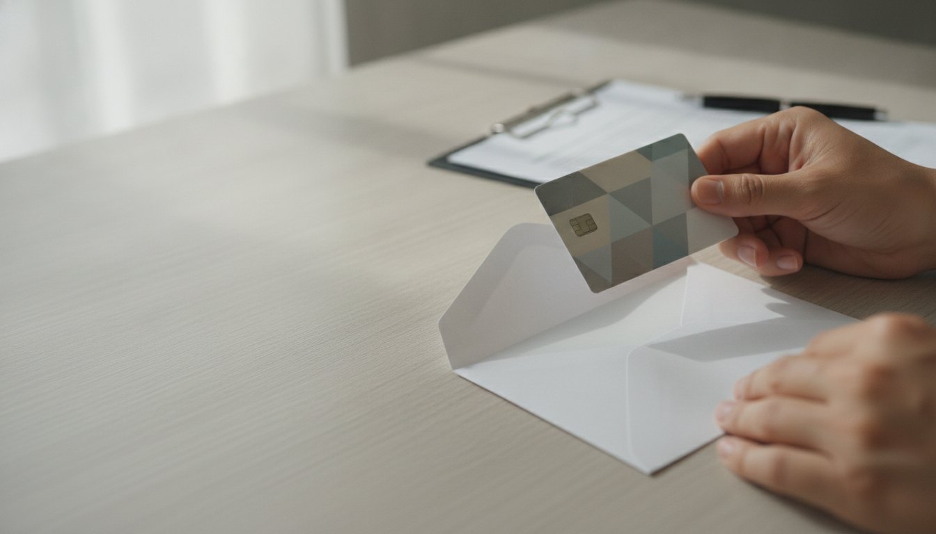 Mãos segurando um cartão de crédito recém-tirado de um envelope branco aberto sobre a mesa.