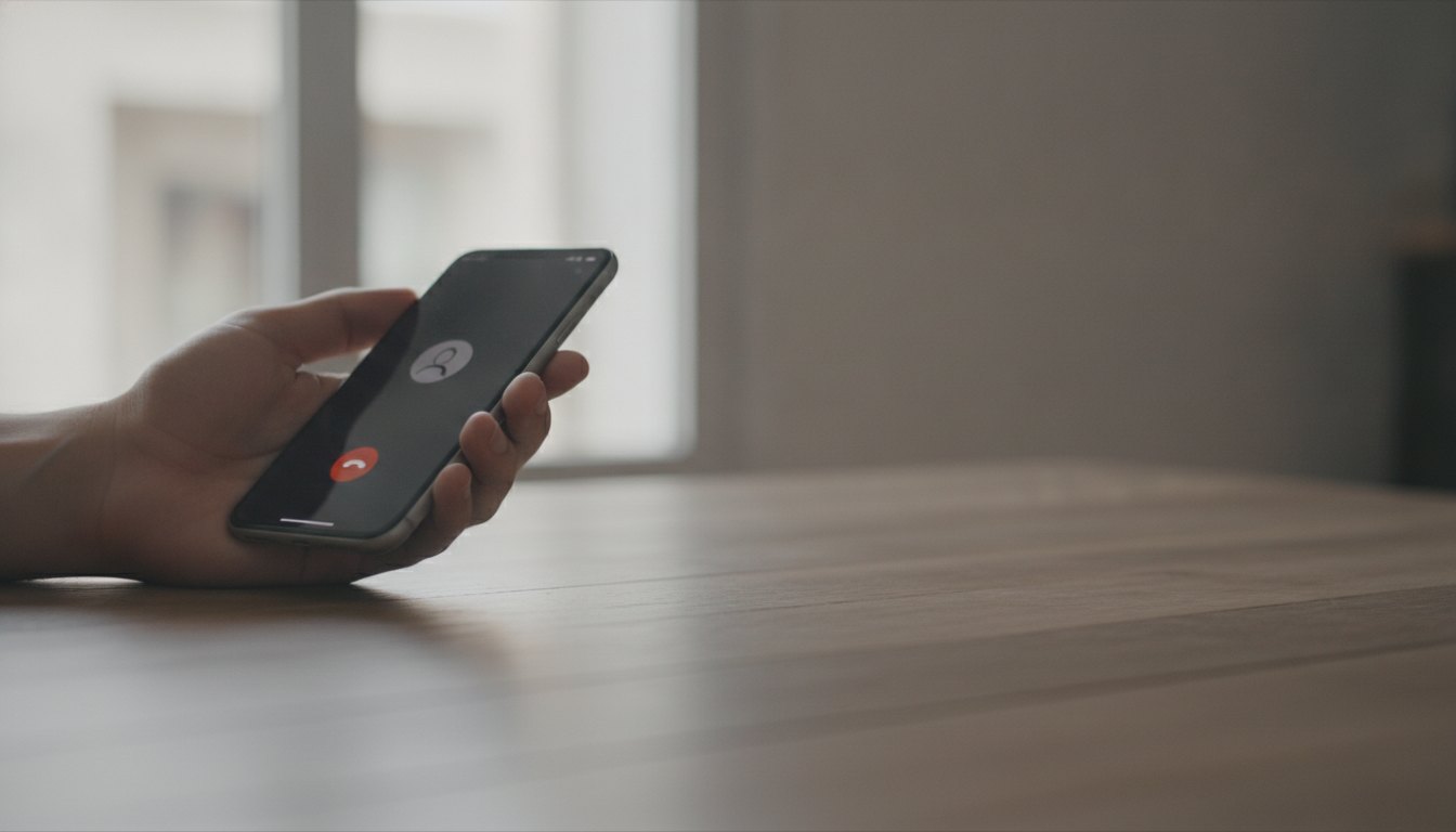 Mão segurando um celular com tela de chamada recusada sobre uma mesa de madeira.