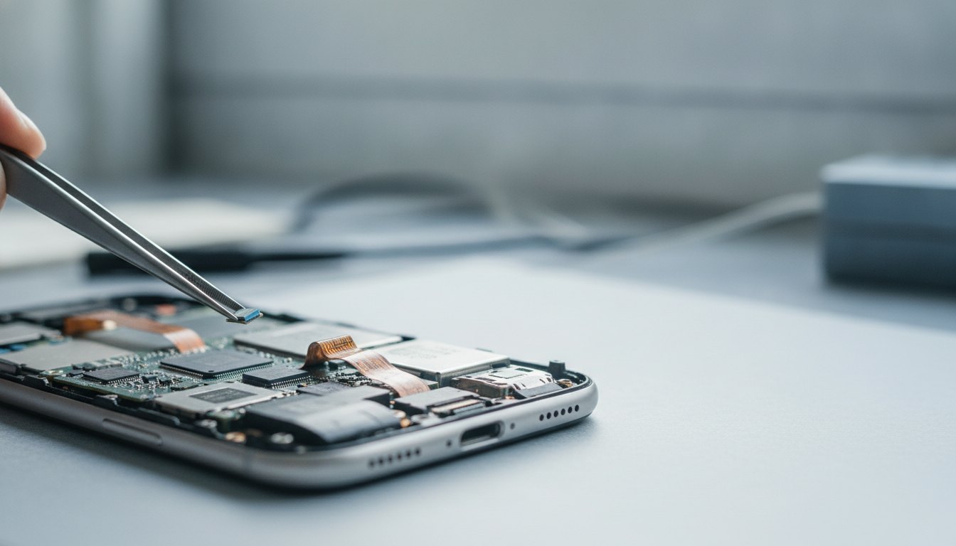 Técnico de eletrônica utilizando uma pinça para posicionar um componente interno em um smartphone aberto.