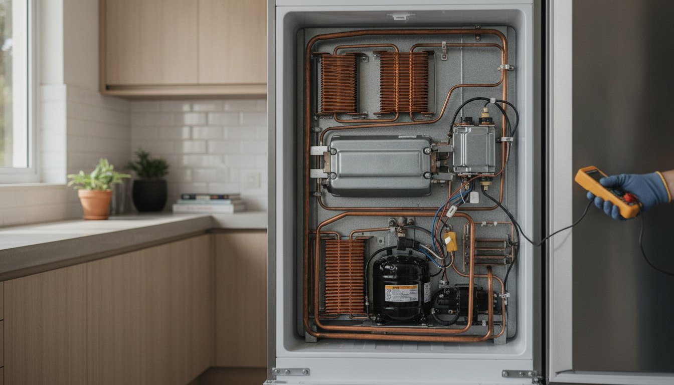 Técnico inspecionando o motor de uma geladeira em uma cozinha residencial.