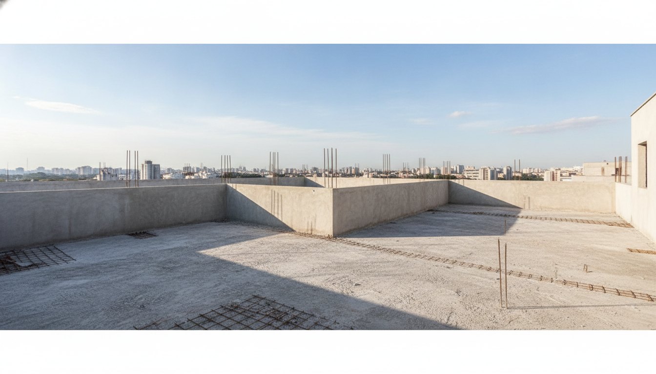 Terraço em fase de obras com piso de contrapiso e mureta de proteção ao redor.