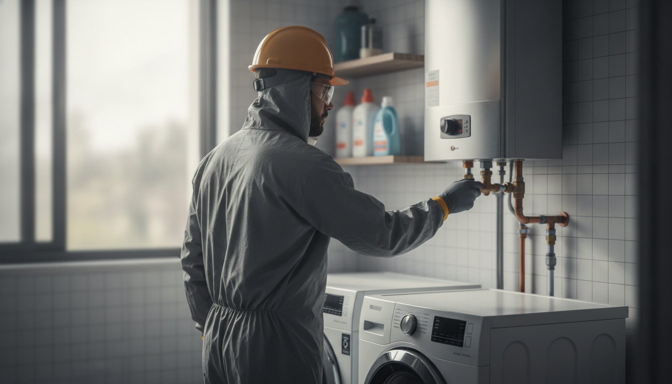 Profissional com uniforme de proteção ajustando a válvula de um aquecedor de passagem na lavanderia.