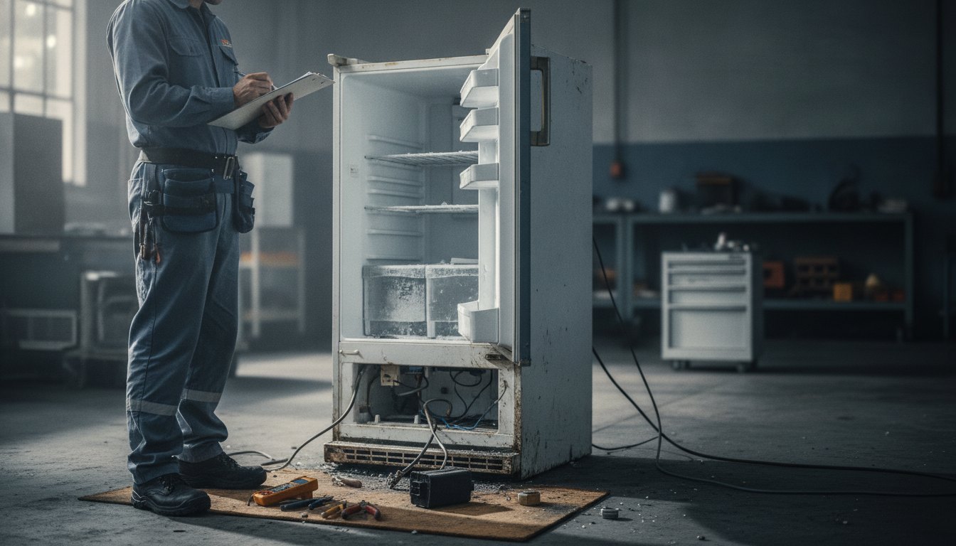 Técnico de manutenção inspecionando uma geladeira danificada enquanto faz anotações em uma prancheta.
