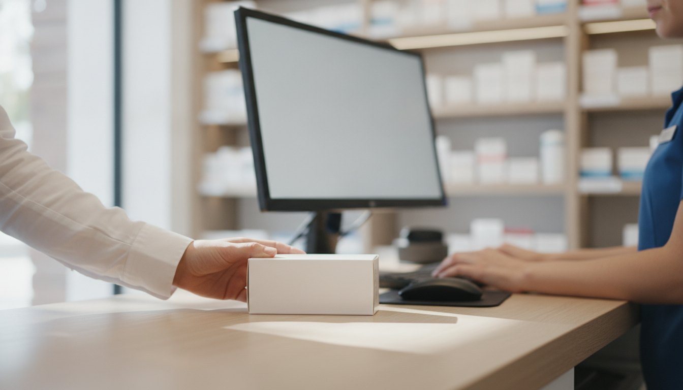 Cliente segurando caixa de remédio no balcão enquanto o atendente digita no computador da drogaria