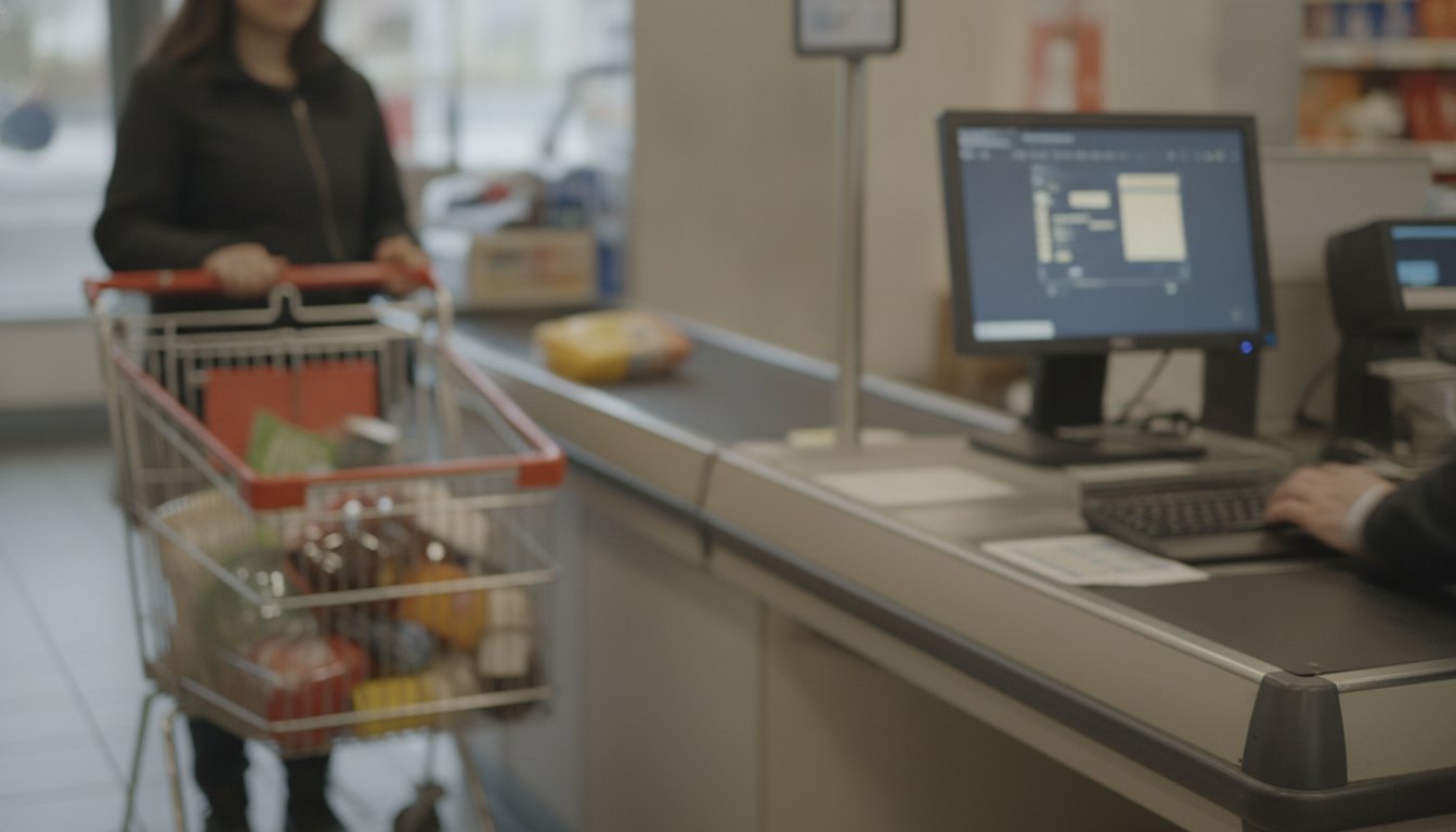 Cliente passando compras no caixa de um supermercado enquanto a atendente digita informações no computador.