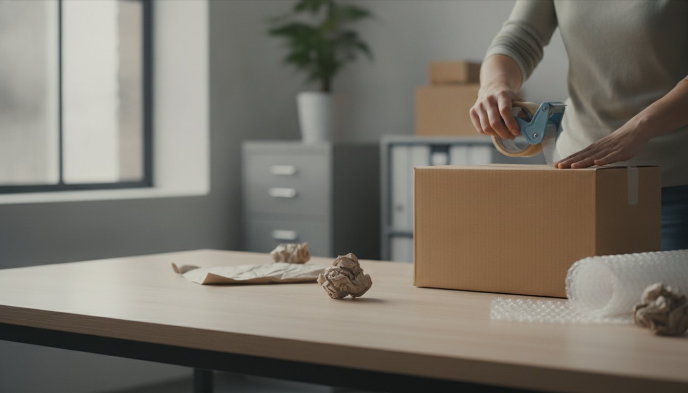 Mãos de uma pessoa embalando uma caixa de papelão com fita adesiva sobre uma mesa.
