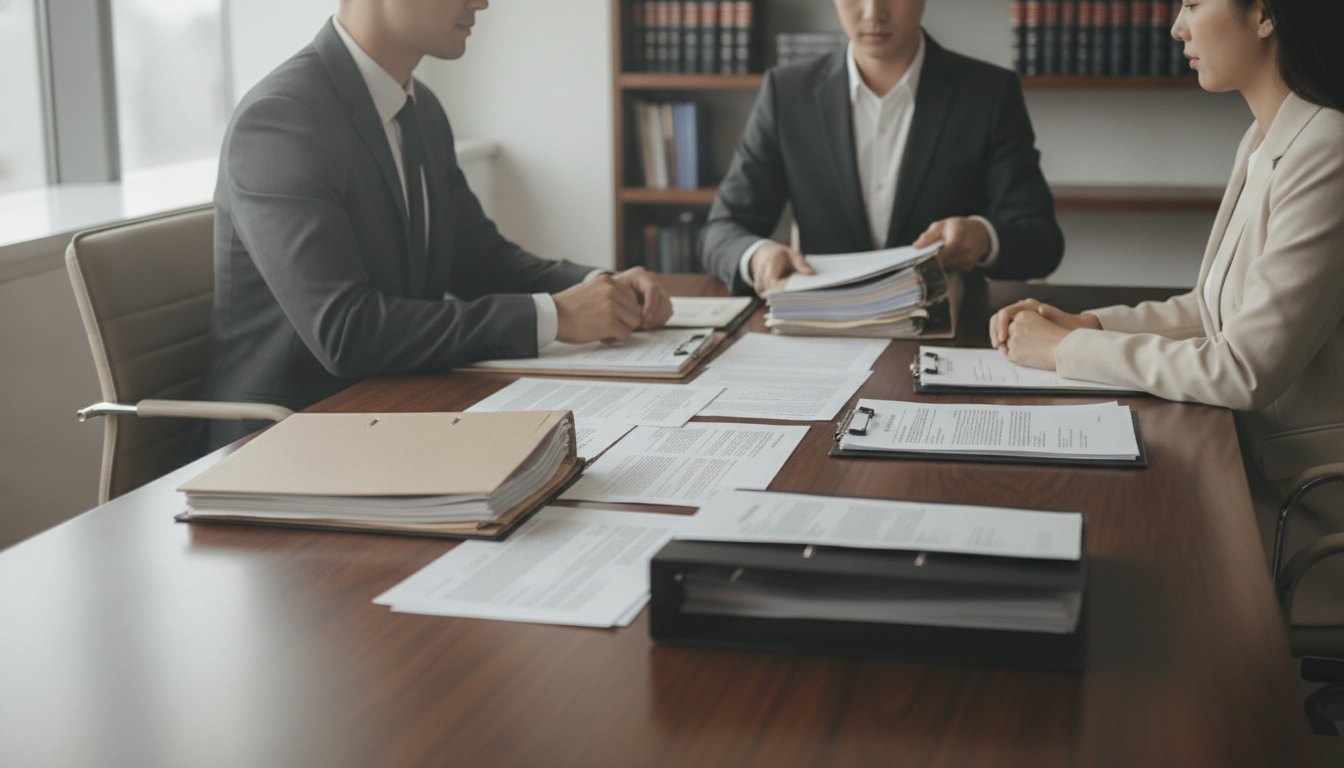Casal sentado em lados opostos de uma mesa de escritório analisando documentos impressos com um profissional.