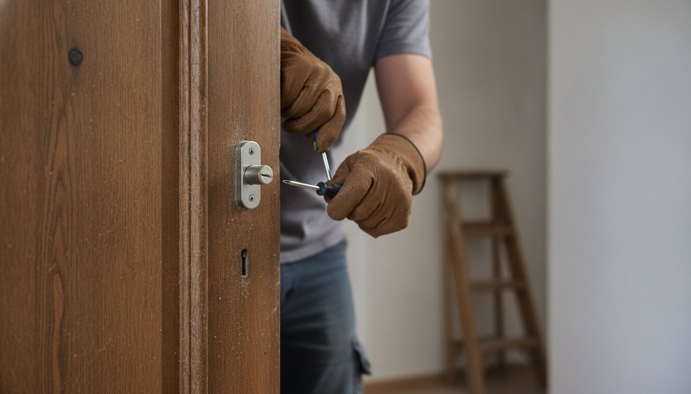 Homem com ferramentas nas mãos ajustando o miolo metálico de uma fechadura em porta de madeira.