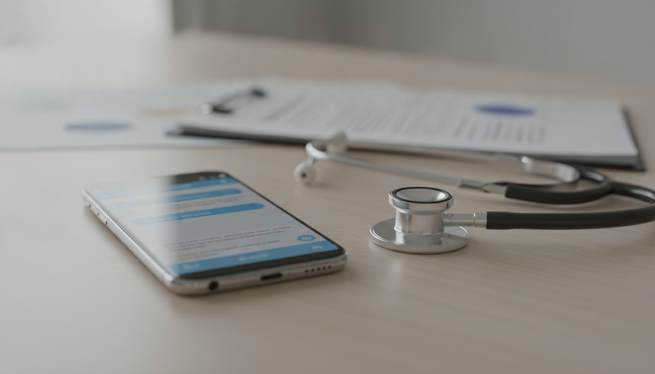 Celular exibindo um aplicativo de mensagens sobre uma mesa com um estetoscópio e documentos desfocados.