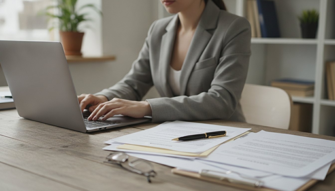 Mulher digitando em um notebook sobre uma mesa de madeira com papéis e caneta ao lado.