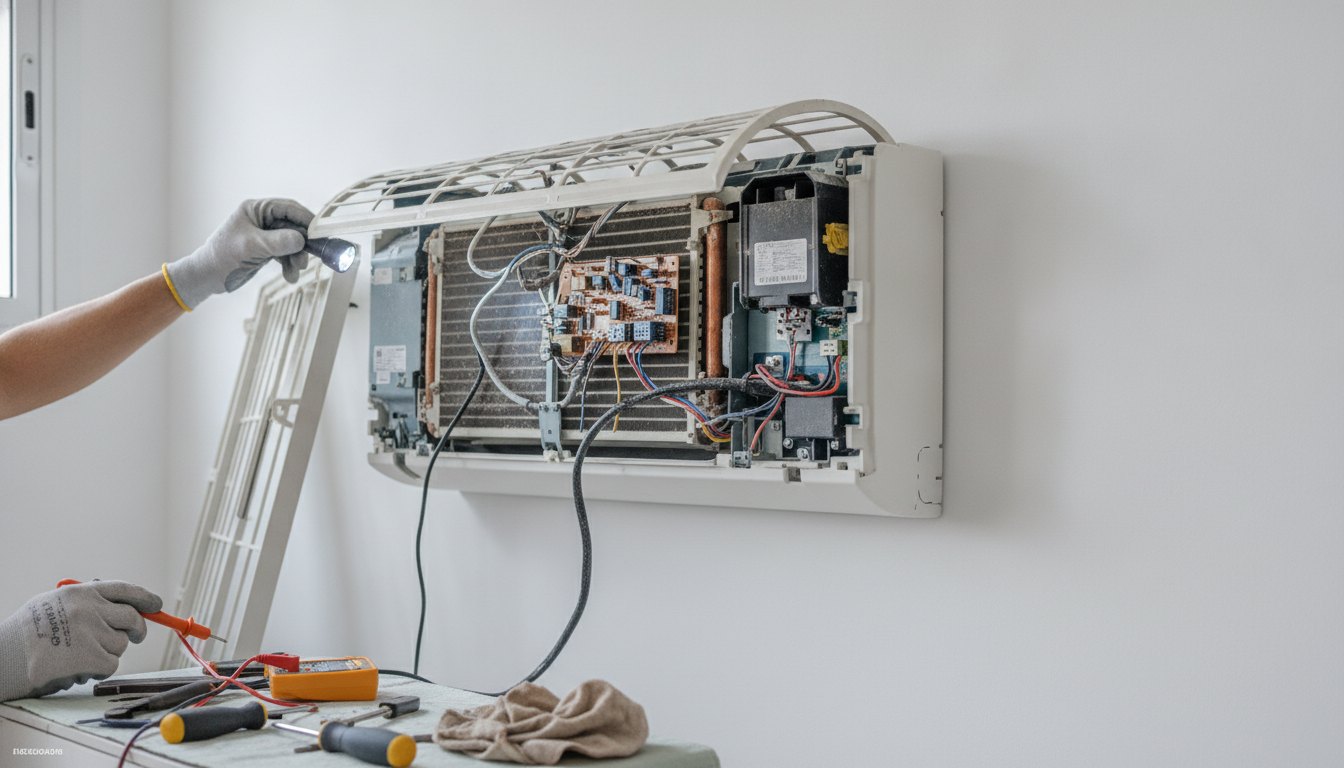 Profissional de manutenção inspecionando painel aberto de um ar-condicionado residencial fixado na parede branca.