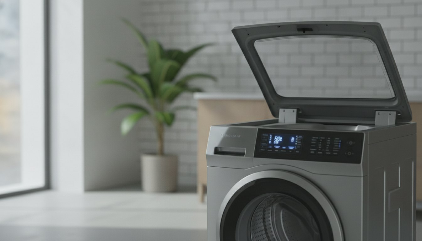 Máquina de lavar roupas com painel digital aceso e tambor metálico visível pela tampa de vidro aberta.