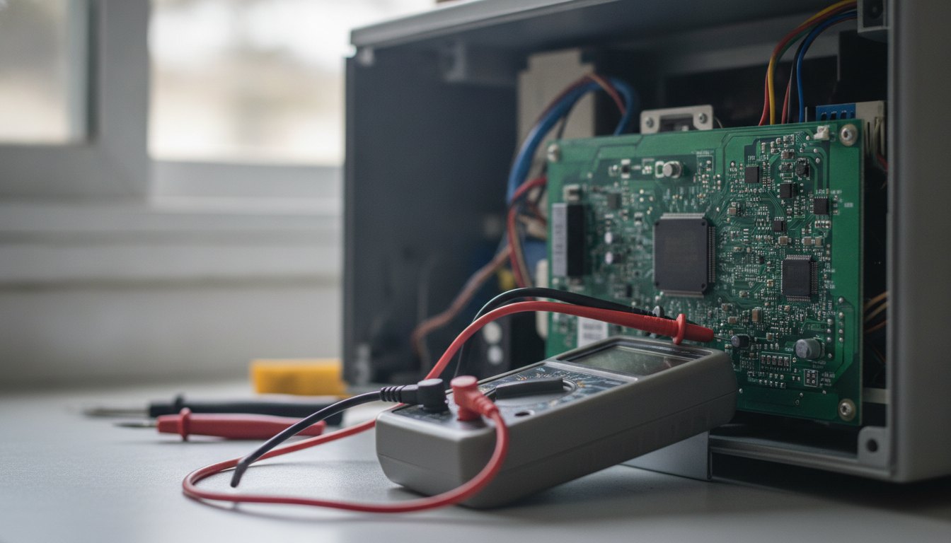 Técnico de refrigeração inspeciona o circuito de uma placa eletrônica utilizando um multímetro digital.