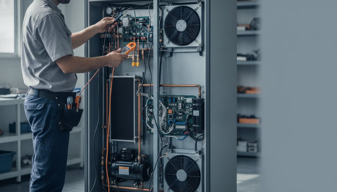 Profissional de uniforme inspeciona a parte traseira de um refrigerador com ferramentas de medição em mãos.