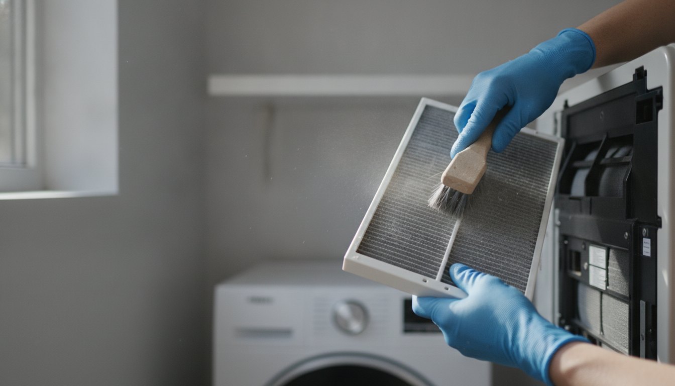Técnico com luvas limpando o filtro de ar de um equipamento doméstico com uma escova