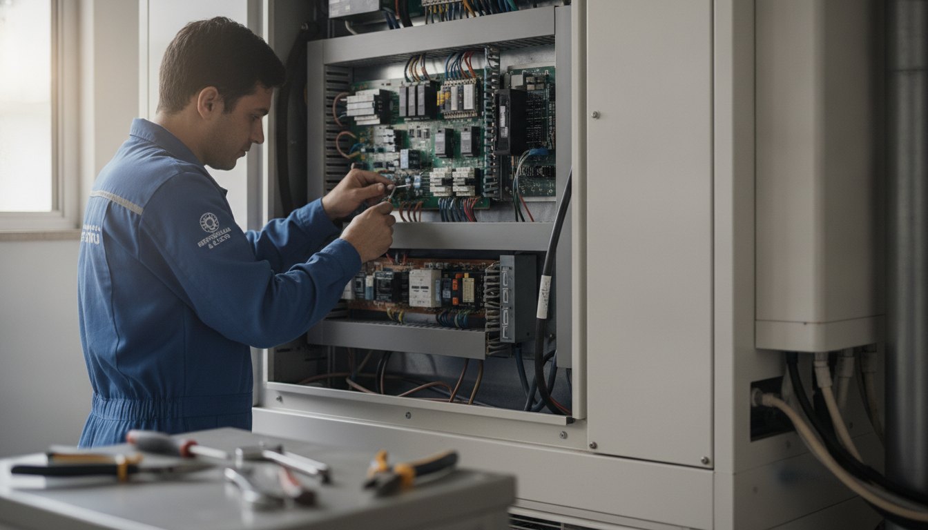 Técnico uniformizado inspecionando o painel interno de um equipamento de climatização com ferramentas manuais.