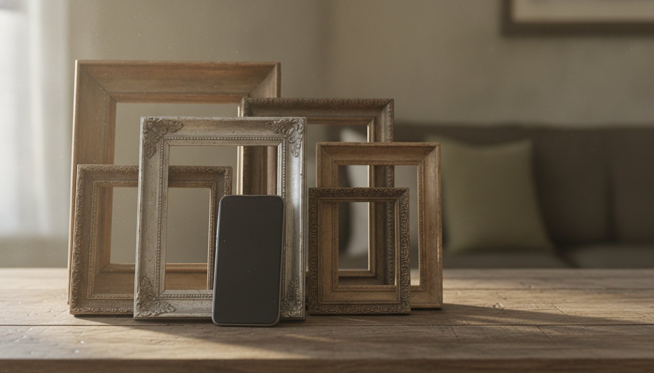 Mãos de uma pessoa segurando um celular perto de porta-retratos antigos sobre uma mesa de madeira.