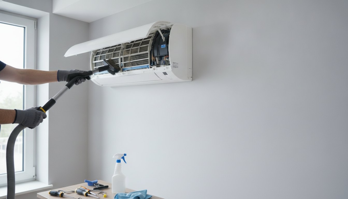 Técnico com luvas e ferramentas limpando a unidade interna de um aparelho fixado na parede.