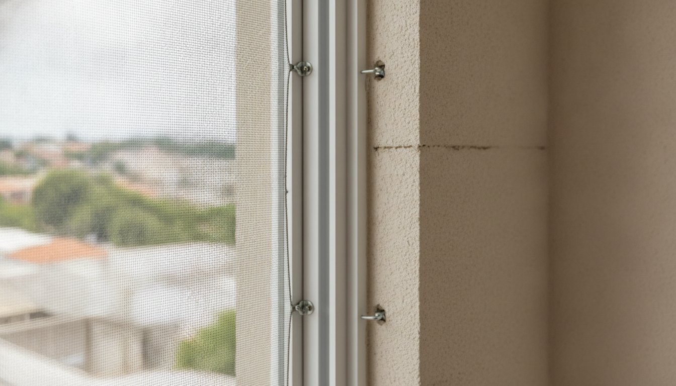 Janela de apartamento com tela de segurança tensionada e ganchos fixados na alvenaria clara.