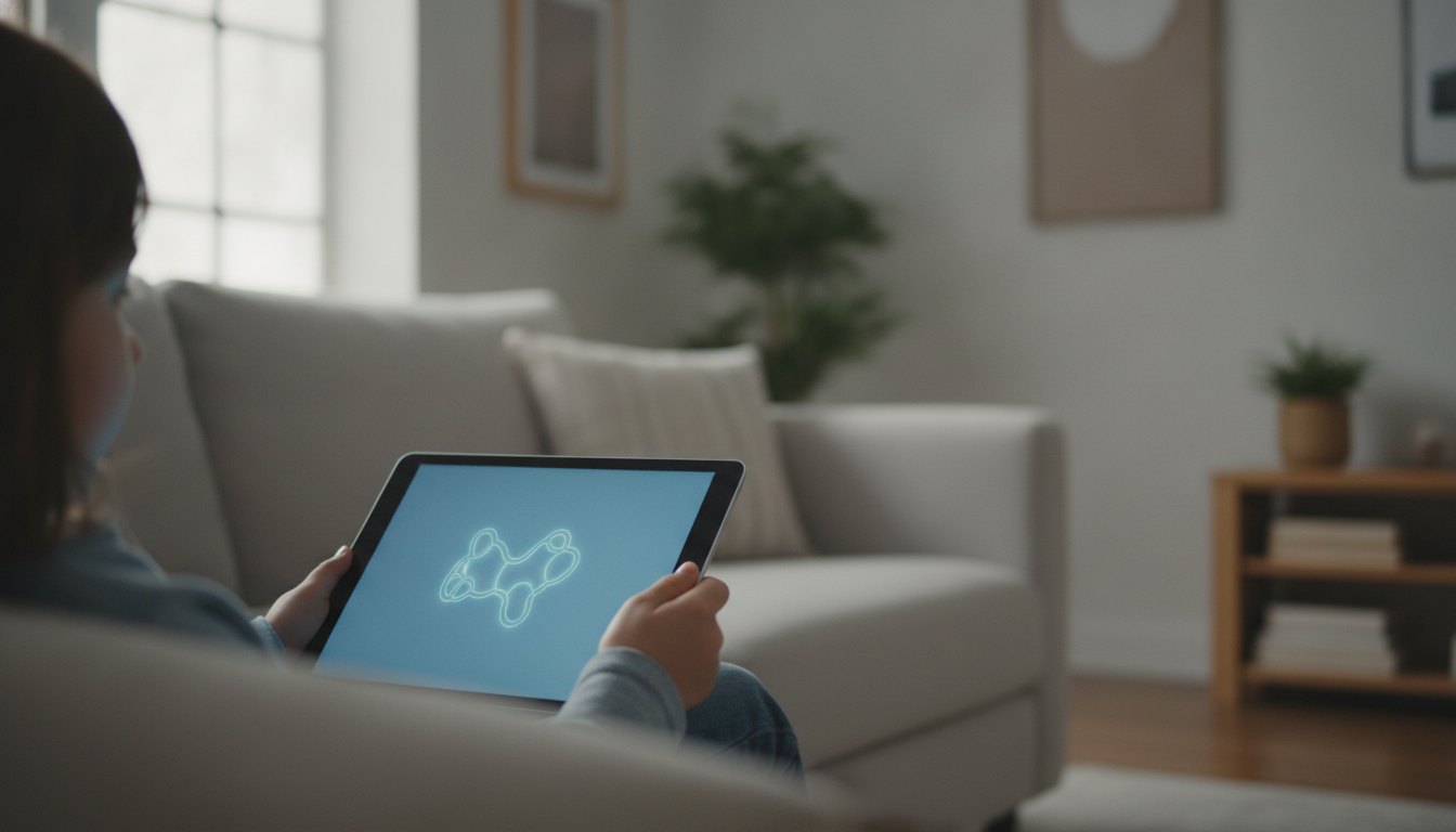 Criança segurando um tablet com a tela iluminada enquanto joga sentada no sofá de casa.
