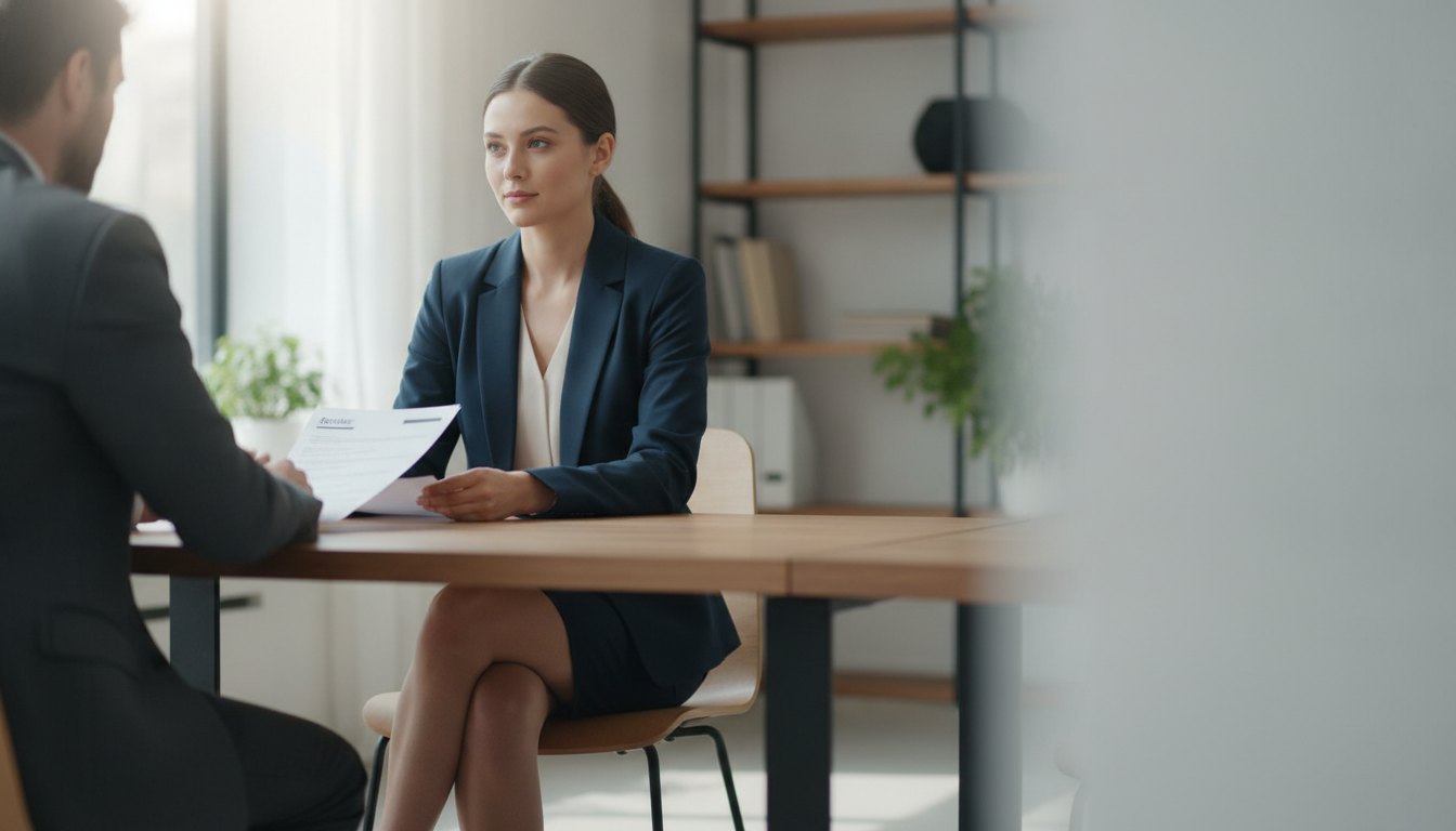 mulher sentada de frente para recrutador durante entrevista de emprego segurando currículo impresso