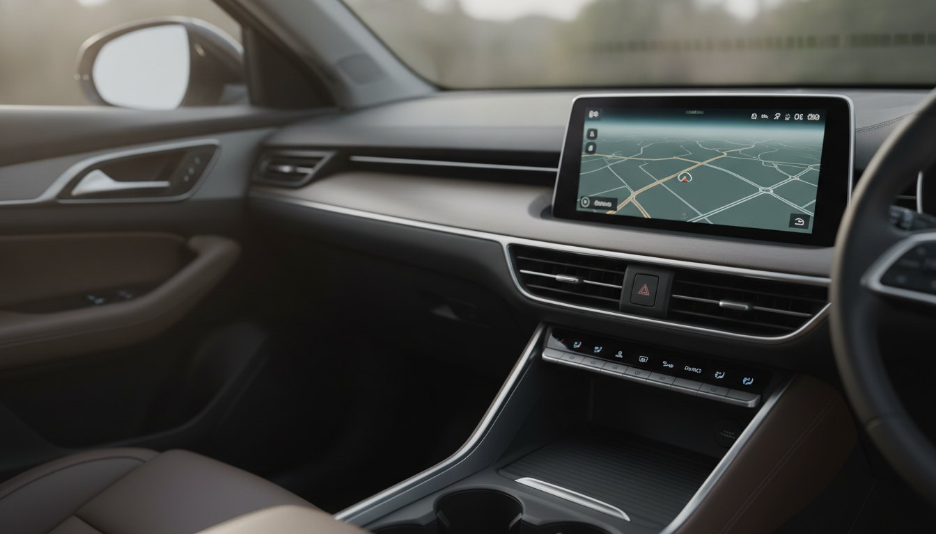 painel interno de um carro com a tela do sistema de navegação e GPS em destaque