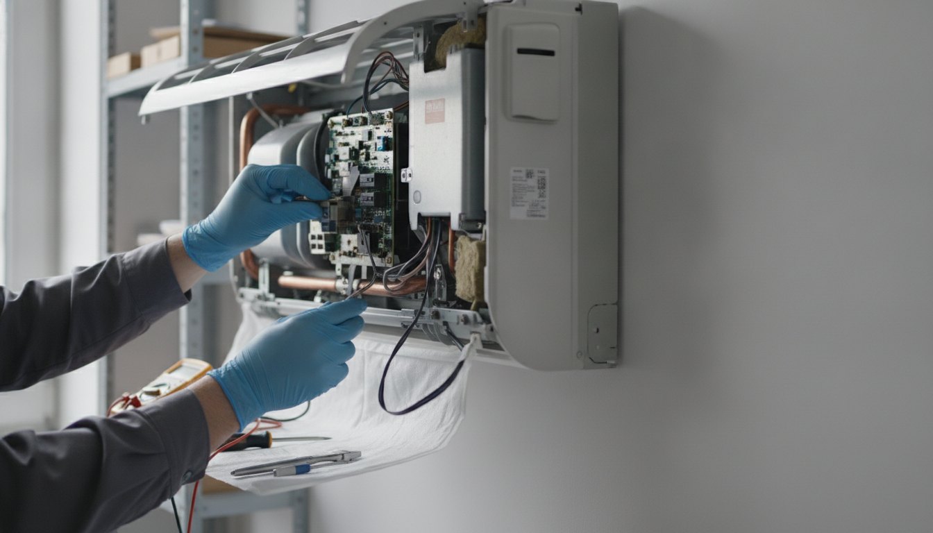 Técnico com luvas analisando o painel interno de um equipamento de ar condicionado desmontado na parede.
