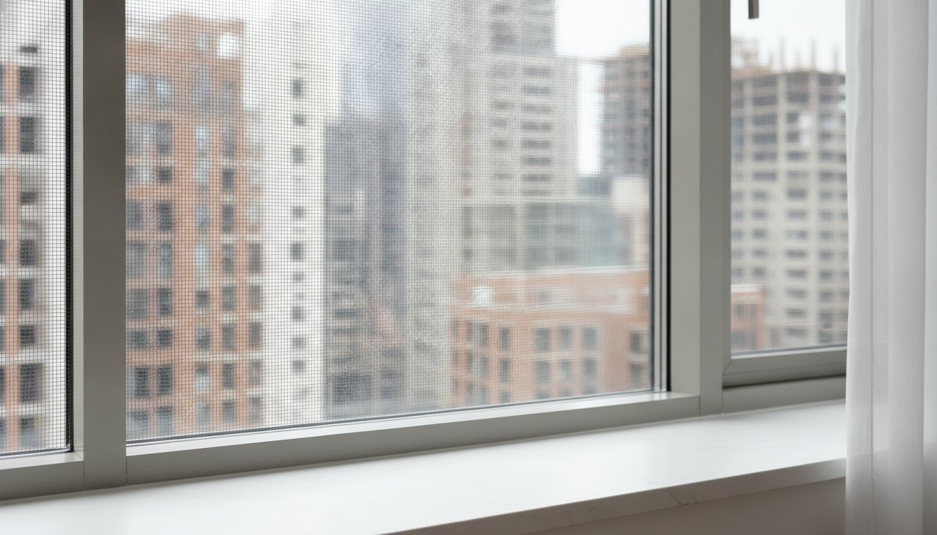 Janela de apartamento com tela de segurança instalada e vista para prédios da cidade.