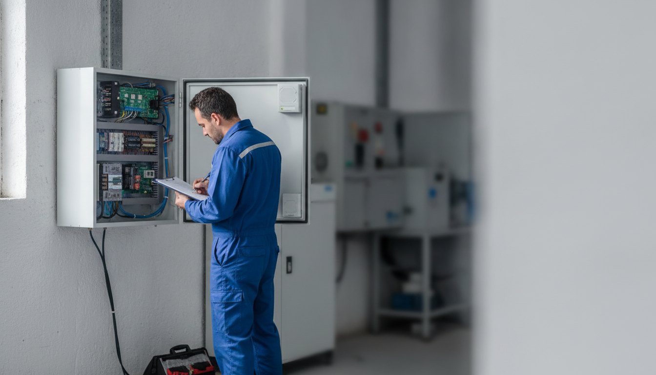 Técnico com uniforme azul inspeciona o painel aberto de um equipamento branco fixado na parede.