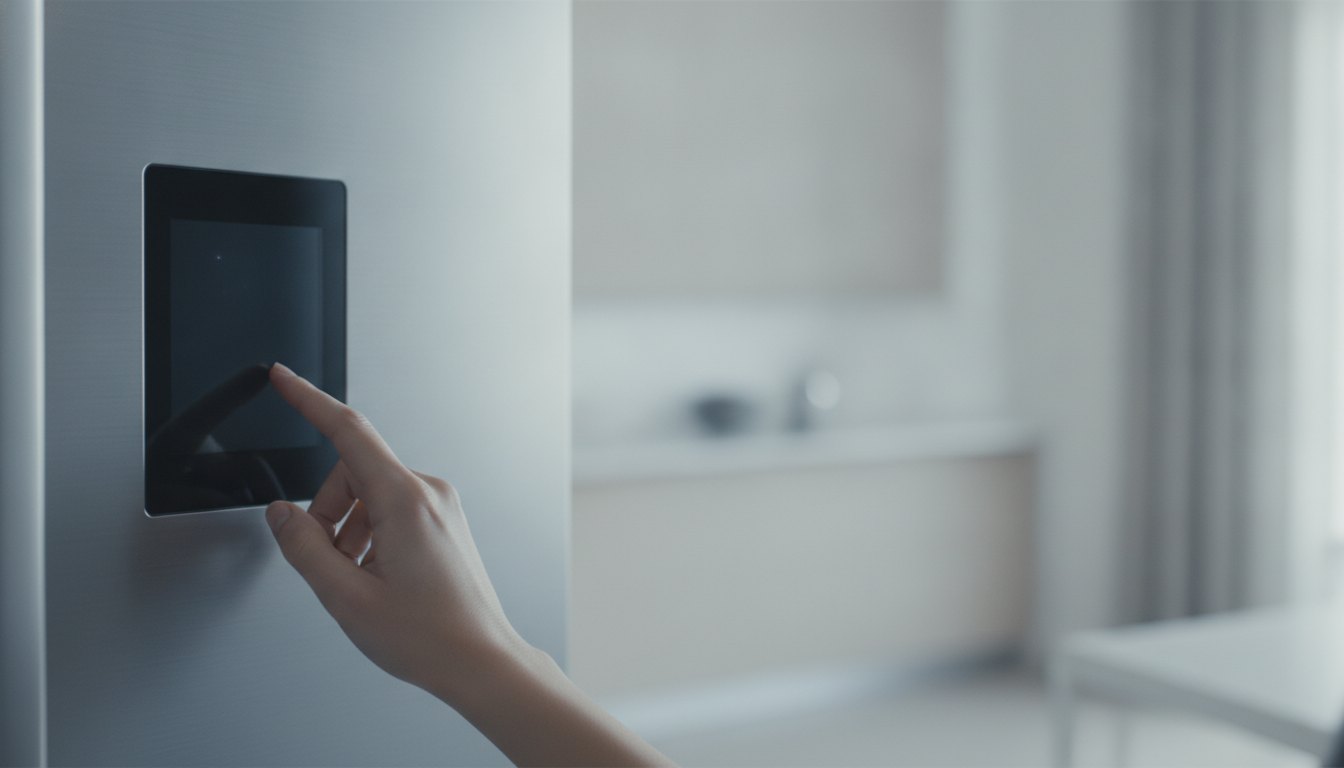 Mão tocando o visor digital escuro na porta frontal de um refrigerador de aço escovado.