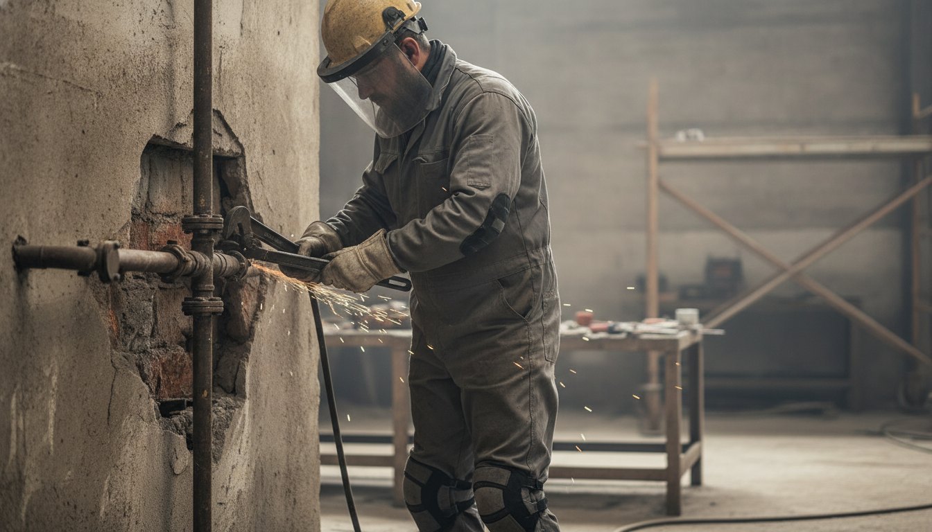 Profissional com equipamento de proteção consertando tubulação exposta em parede de alvenaria quebrada.