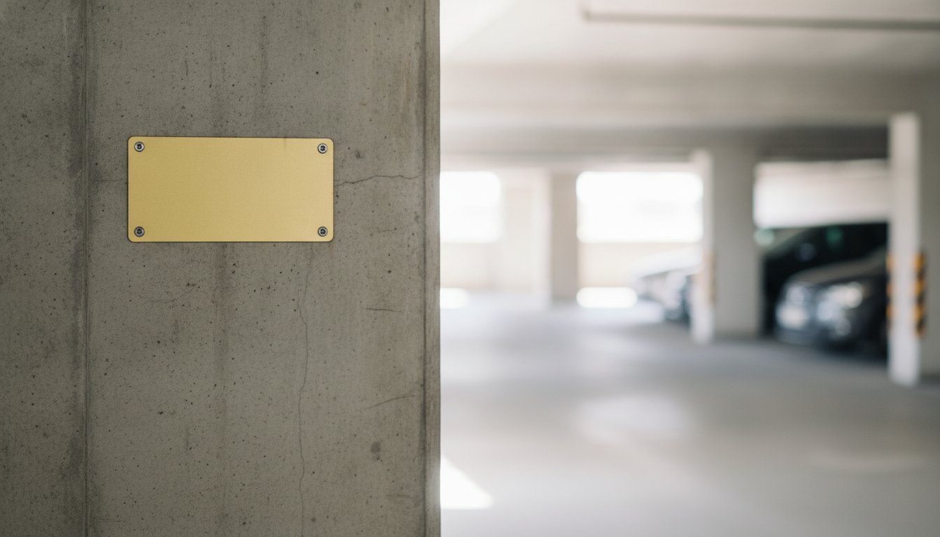 Placa amarela com letras pretas fixada em uma parede de concreto de um estacionamento comercial.