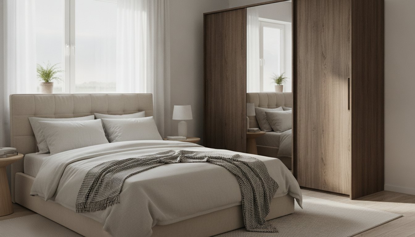 Quarto de apartamento recém-mobiliado com cama de casal, guarda-roupa montado e janela bem iluminada.