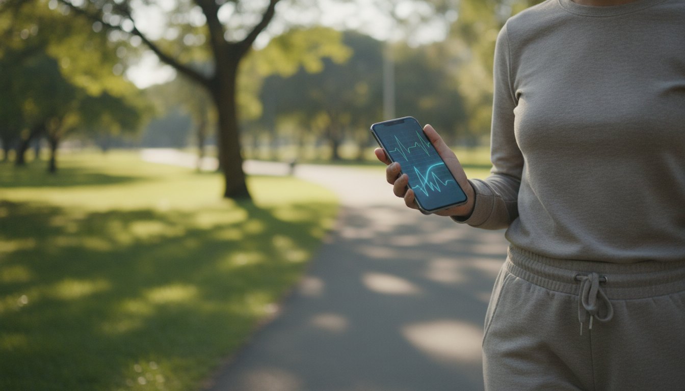 Mulher segura um celular com a tela exibindo gráficos de batimentos cardíacos enquanto caminha no parque.