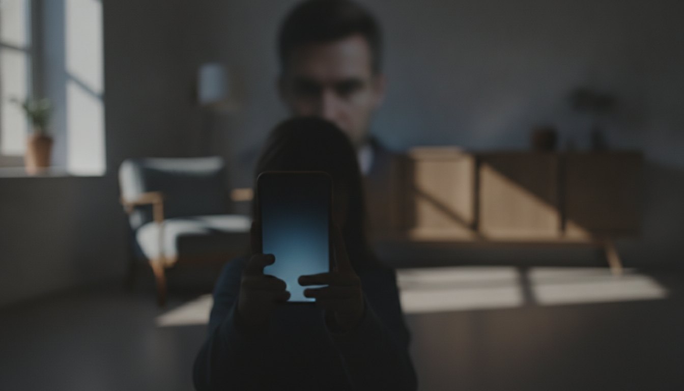 Criança segurando um smartphone iluminado no escuro enquanto um adulto observa a tela ao fundo.