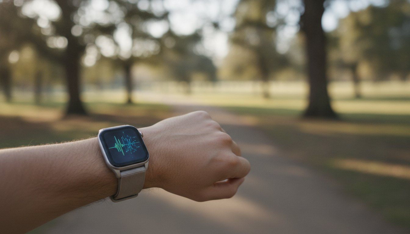 Pulso de pessoa usando smartwatch durante corrida em um parque com árvores ao fundo.
