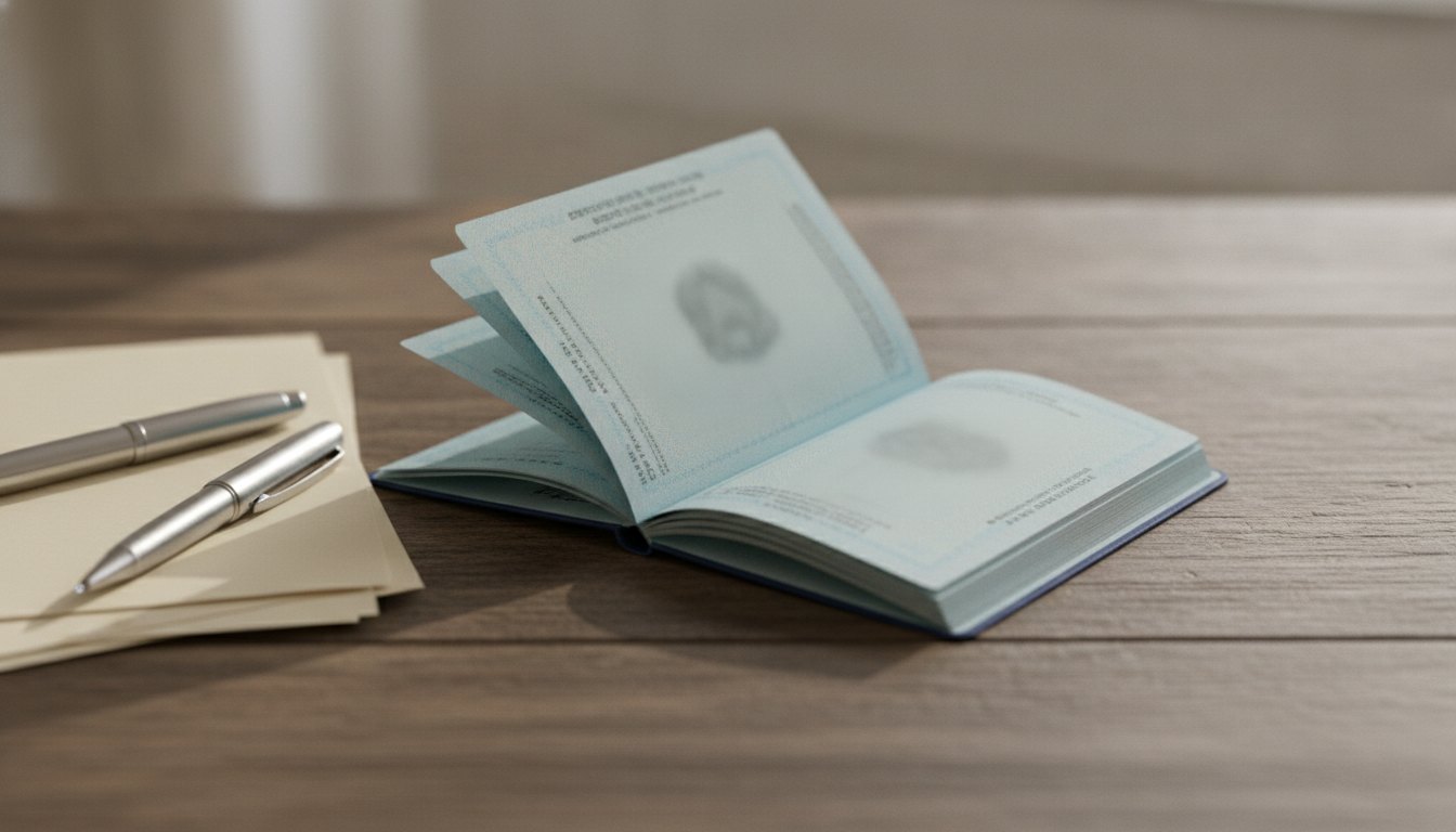 Carteira de trabalho azul aberta sobre uma mesa de madeira ao lado de documentos e caneta.