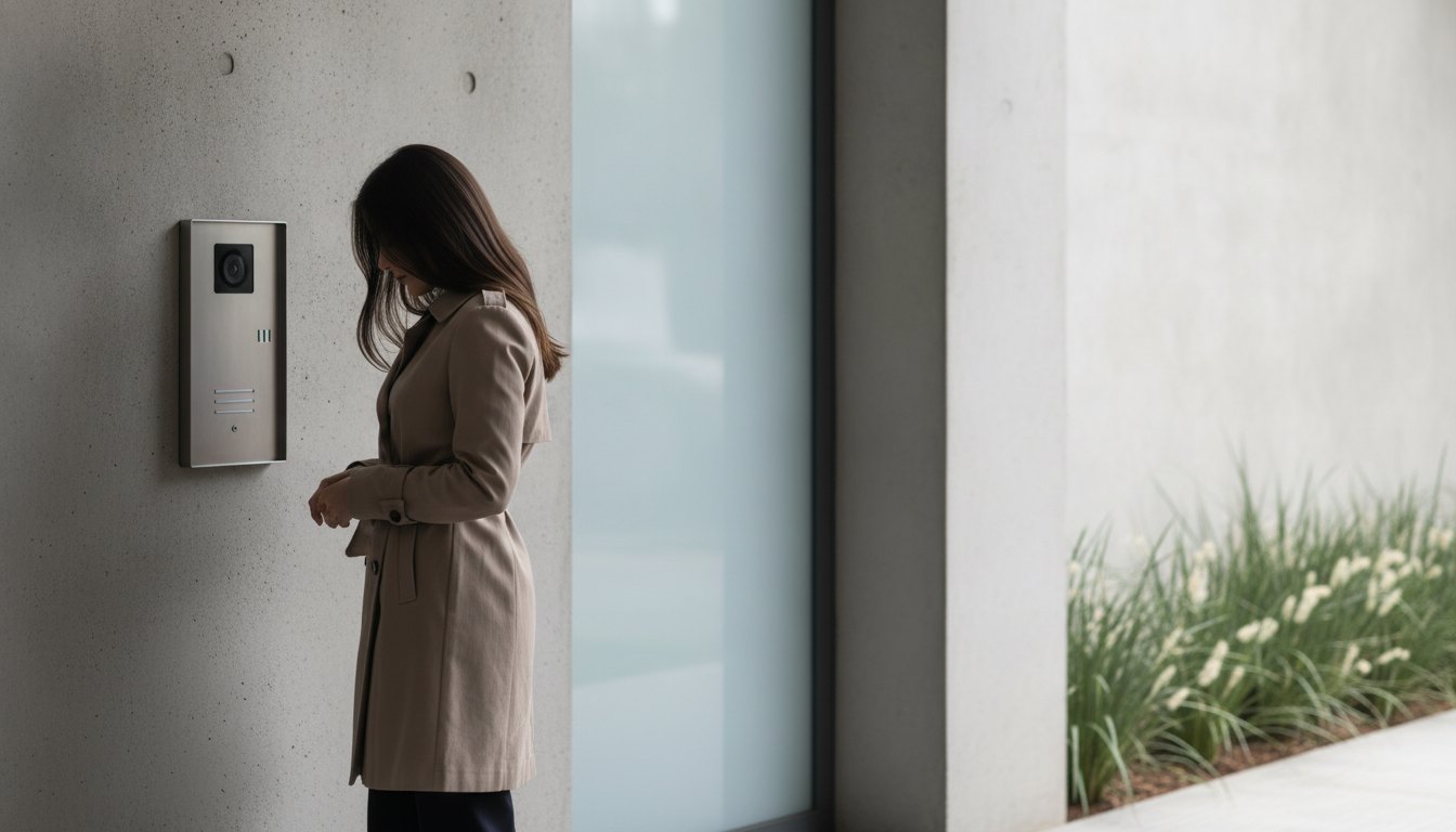 Mulher parada diante de um interfone moderno com câmera na entrada de um prédio residencial.