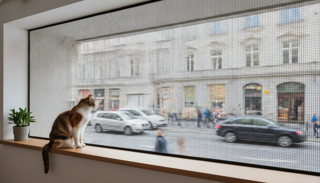 Gato observando a rua através de uma trama instalada na janela de um apartamento.