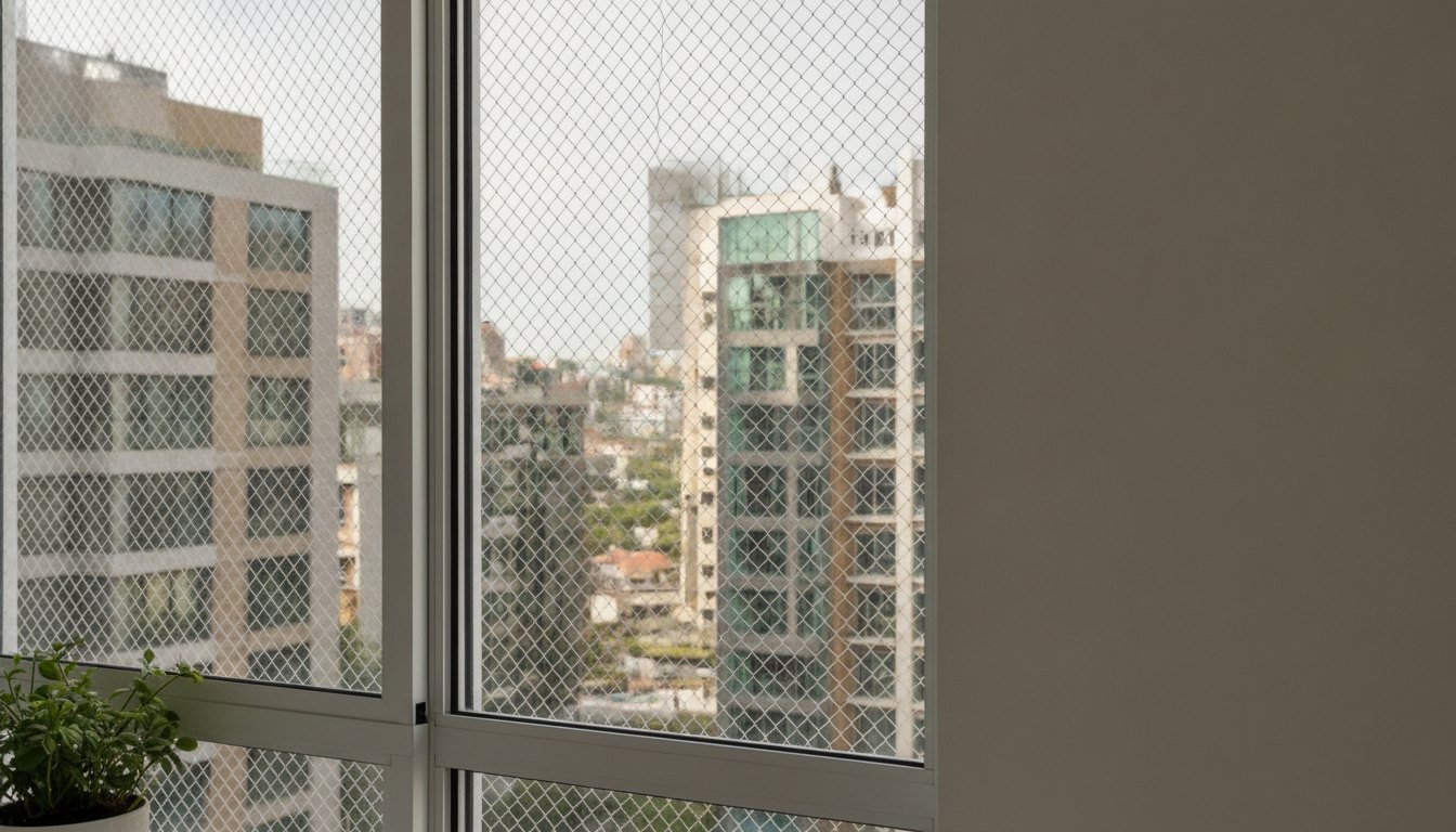 Janela de apartamento com rede de proteção instalada e vista para outros prédios.