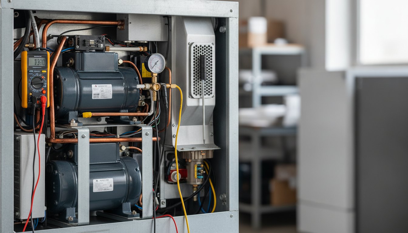 Técnicos inspecionando o motor na parte traseira de um refrigerador com ferramentas de medição.