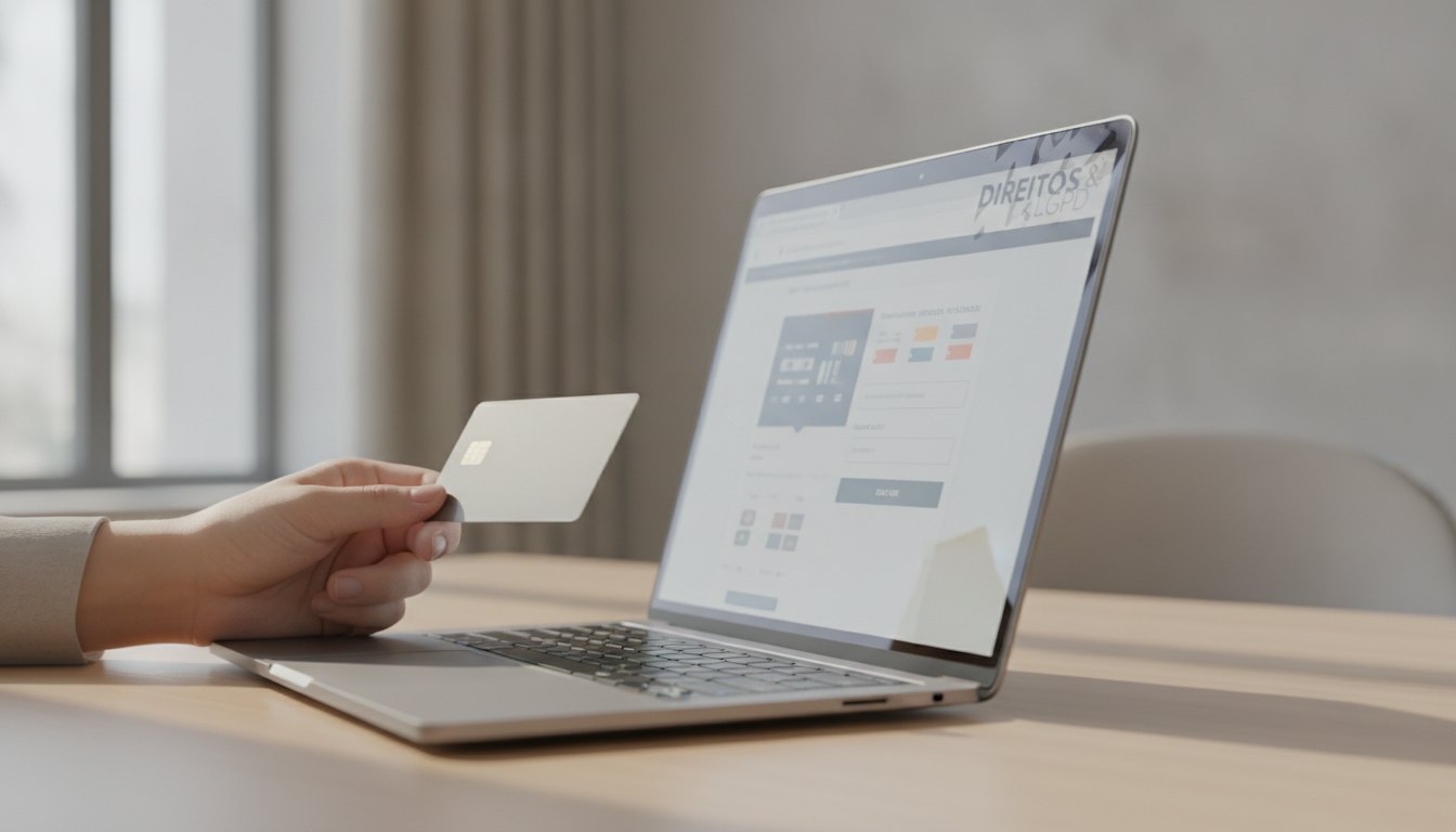 Pessoa segurando cartão de crédito enquanto digita em notebook com tela de compra de ingressos.
