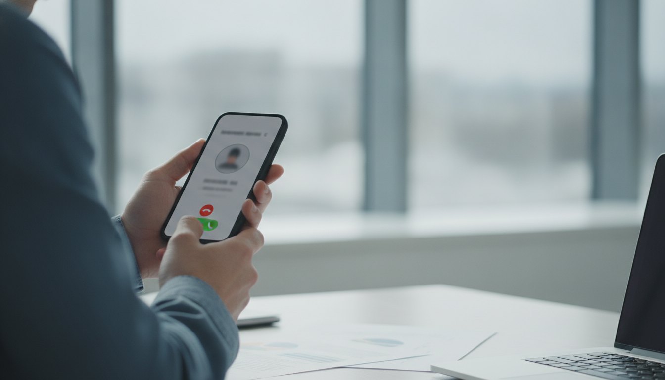 Pessoa segurando um smartphone com expressão irritada enquanto recusa uma chamada na tela do aparelho.